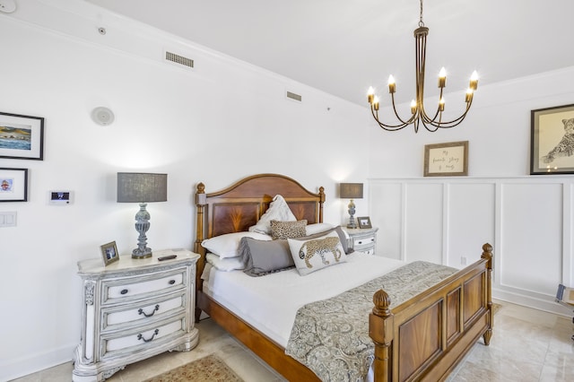 tiled bedroom featuring a chandelier and ornamental molding