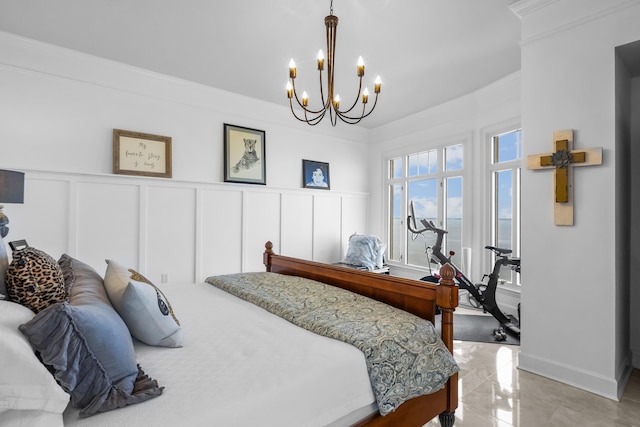 bedroom featuring light tile patterned flooring and an inviting chandelier