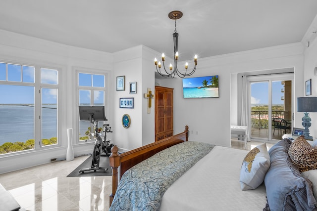 tiled bedroom with multiple windows, crown molding, access to outside, and a water view