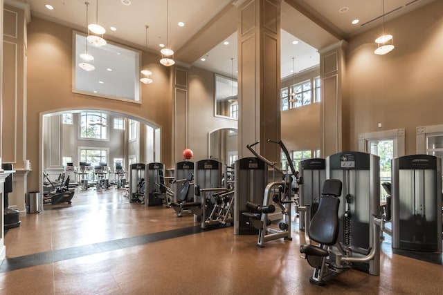 workout area featuring ornamental molding, ornate columns, plenty of natural light, and a high ceiling