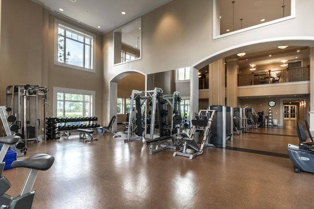 exercise room featuring a high ceiling