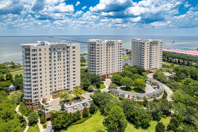 bird's eye view with a water view