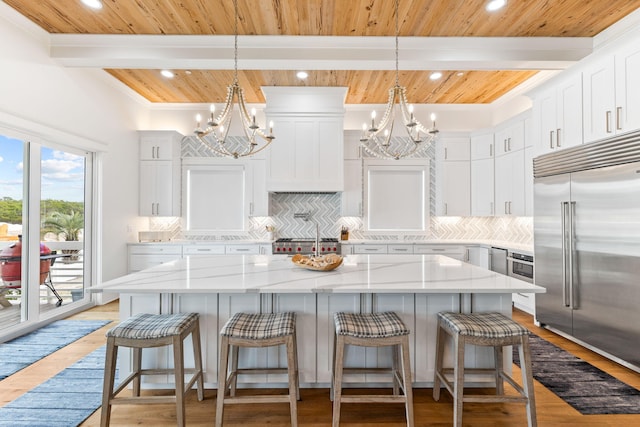 kitchen featuring wooden ceiling, tasteful backsplash, and stainless steel built in refrigerator