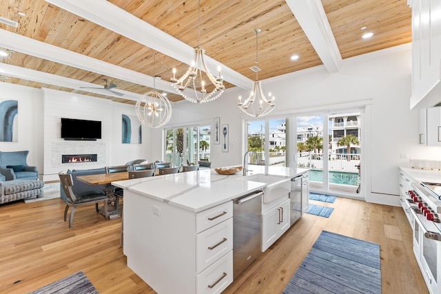 kitchen with a fireplace, a center island with sink, light wood-type flooring, and white cabinetry