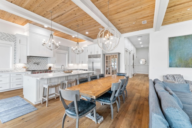 dining space with beamed ceiling, wooden ceiling, light wood-type flooring, a chandelier, and ornamental molding