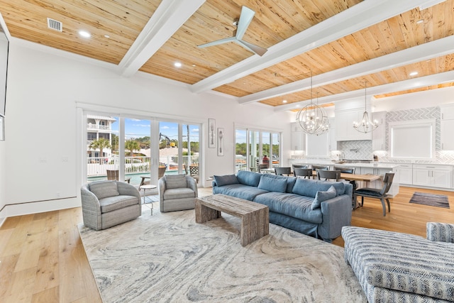 living room with beamed ceiling, wooden ceiling, light hardwood / wood-style flooring, and ceiling fan with notable chandelier