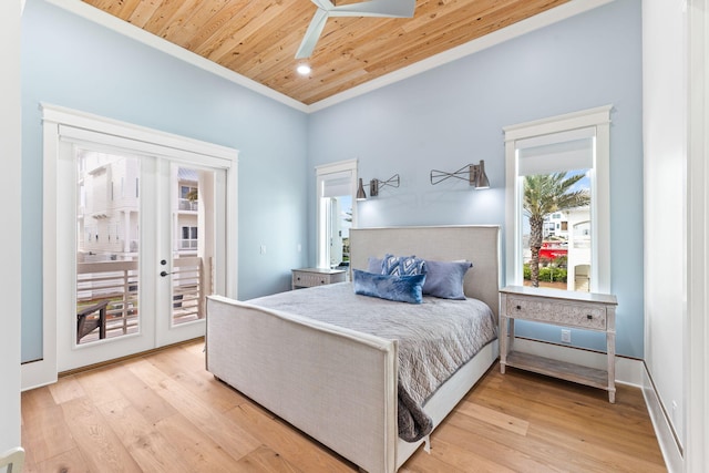 bedroom with ceiling fan, crown molding, access to outside, wooden ceiling, and light wood-type flooring