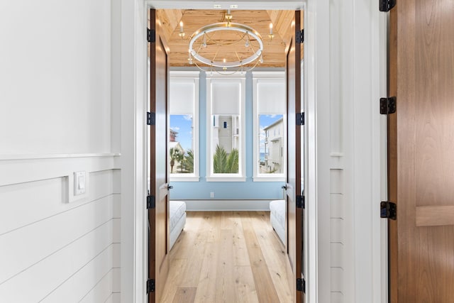 hallway with light hardwood / wood-style floors and wooden ceiling