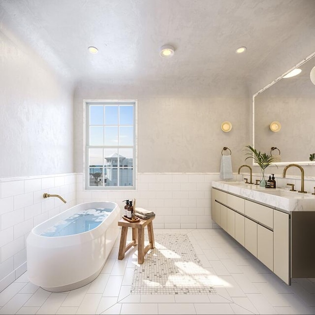 bathroom featuring a bath to relax in, tile walls, vanity, and tile floors