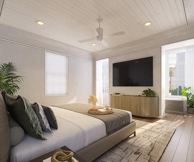 bedroom featuring wooden ceiling, light hardwood / wood-style flooring, and ceiling fan