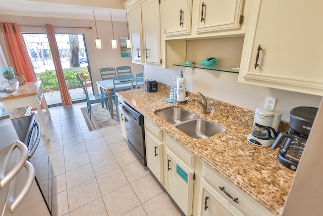 kitchen featuring light tile flooring, dishwasher, light stone counters, sink, and pendant lighting