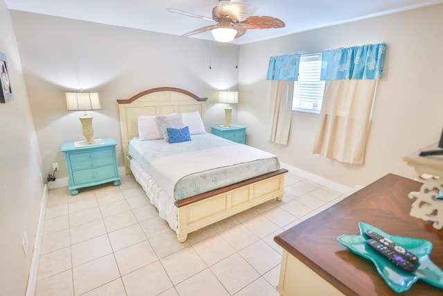 bedroom with ceiling fan and light tile floors