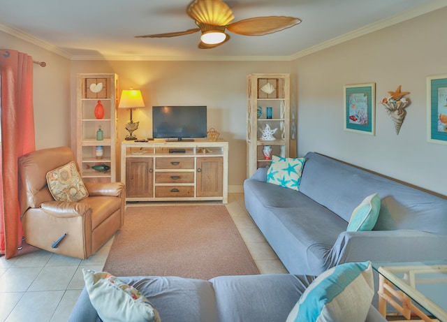 living room featuring ornamental molding, ceiling fan, and light tile flooring