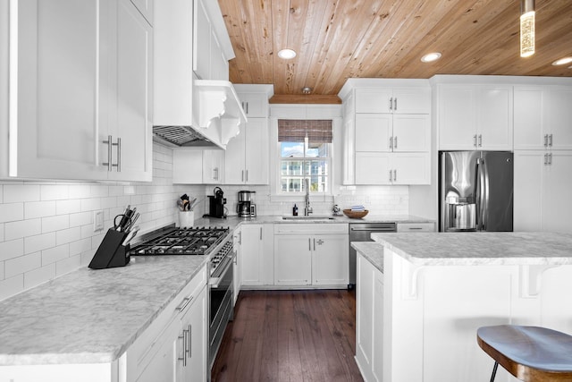 kitchen with appliances with stainless steel finishes, white cabinets, sink, backsplash, and dark wood-type flooring