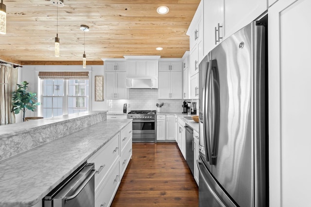 kitchen with appliances with stainless steel finishes, tasteful backsplash, white cabinetry, decorative light fixtures, and dark hardwood / wood-style flooring