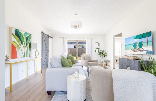 living room featuring a barn door and light hardwood / wood-style floors