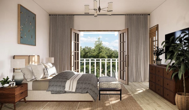 bedroom featuring light hardwood / wood-style floors, a notable chandelier, and multiple windows