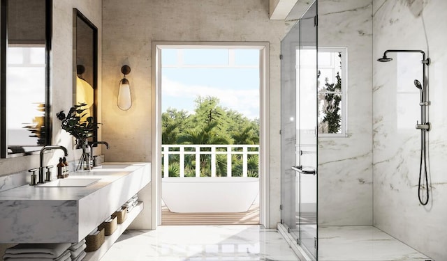 bathroom featuring vanity, tile floors, and separate shower and tub