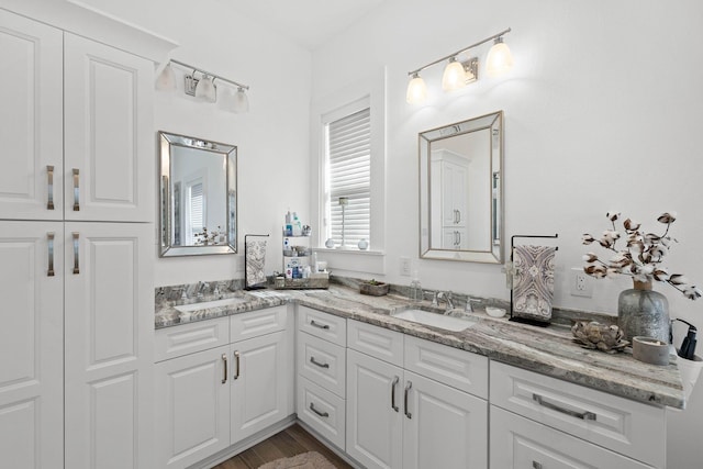 bathroom featuring hardwood / wood-style floors, large vanity, and dual sinks