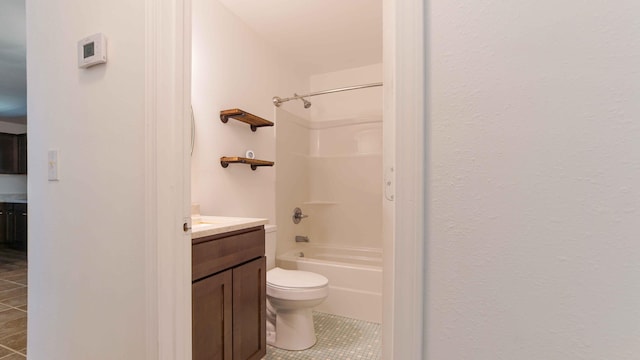 full bathroom with shower / washtub combination, vanity, toilet, and tile floors