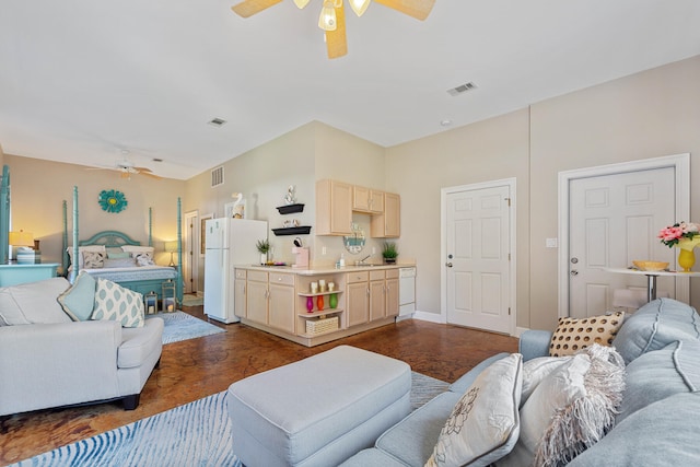 living room featuring ceiling fan