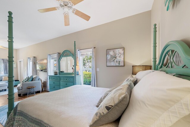 bedroom featuring ceiling fan, hardwood / wood-style floors, and access to outside