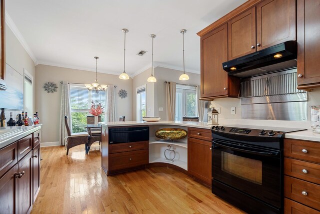 kitchen with hanging light fixtures, light hardwood / wood-style flooring, a chandelier, black electric range, and ornamental molding