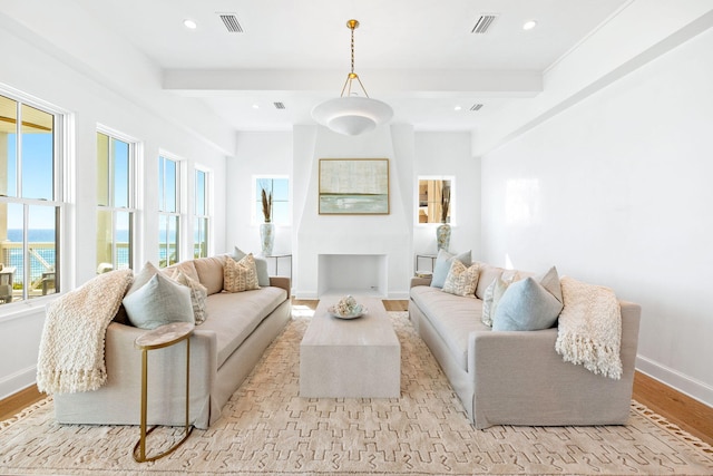 living room featuring a water view and light hardwood / wood-style flooring