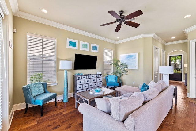 living room with crown molding, dark hardwood / wood-style flooring, and ceiling fan