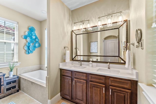 bathroom featuring tile flooring, a bathtub, and dual bowl vanity