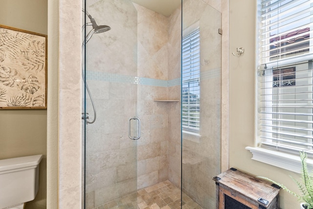 bathroom featuring a wealth of natural light, a shower with door, and toilet