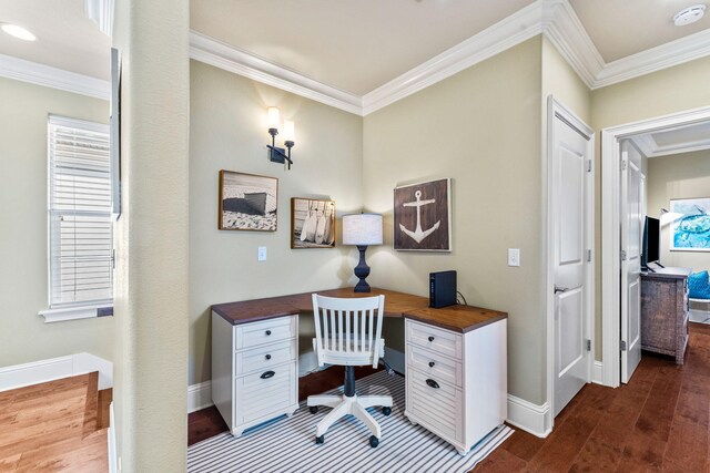 office space with crown molding and dark wood-type flooring