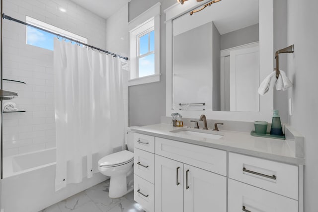 full bathroom with large vanity, shower / bathtub combination with curtain, toilet, and tile flooring