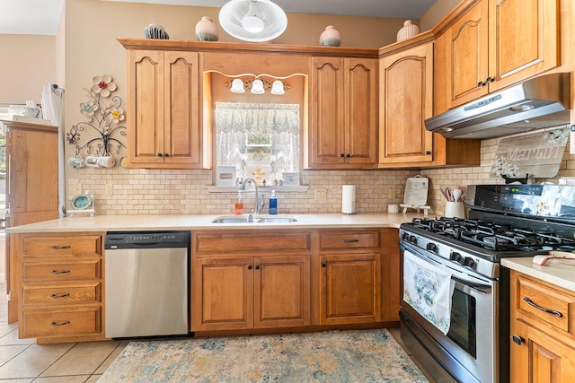 kitchen featuring backsplash, sink, stainless steel appliances, and light tile flooring