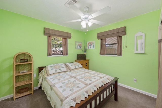 carpeted bedroom featuring ceiling fan