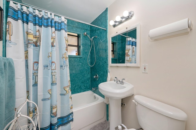 bathroom featuring a wall mounted air conditioner, shower / bath combination with curtain, and toilet