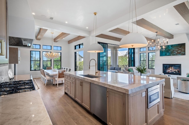 kitchen with hanging light fixtures, light wood-type flooring, sink, and stainless steel appliances