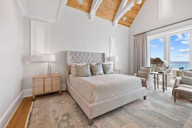 bedroom with a water view, high vaulted ceiling, light hardwood / wood-style floors, wood ceiling, and beam ceiling