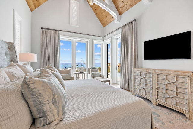 bedroom featuring wooden ceiling, a water view, high vaulted ceiling, and access to outside