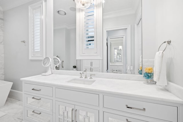 bathroom with vanity, tile floors, and crown molding