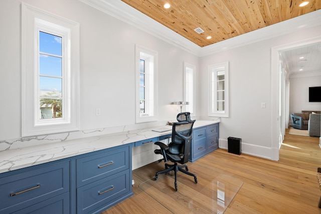 office space featuring crown molding, light hardwood / wood-style flooring, built in desk, and wooden ceiling