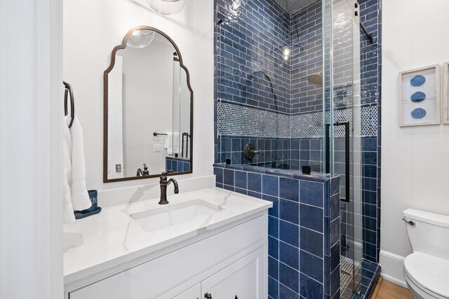 bathroom featuring a shower with door, vanity with extensive cabinet space, and toilet