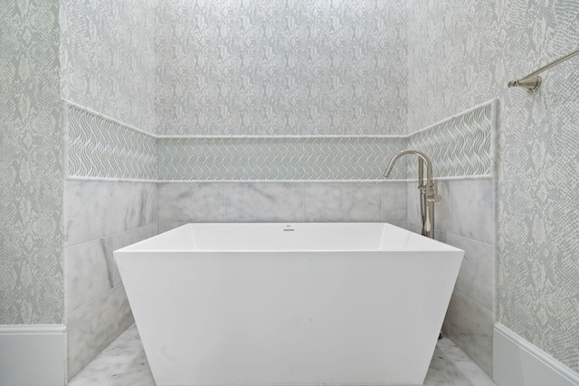 bathroom with tile flooring and tile walls