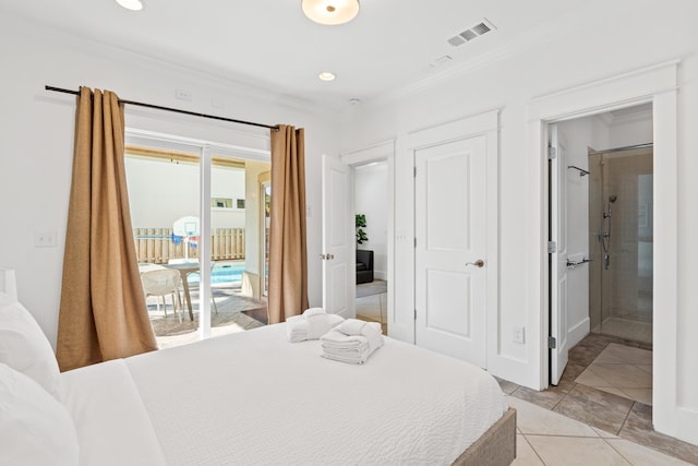 tiled bedroom with access to outside and ornamental molding