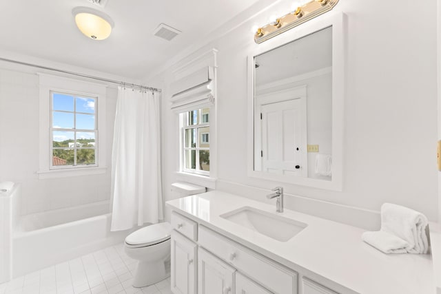 full bathroom featuring shower / bath combination with curtain, crown molding, toilet, tile flooring, and vanity