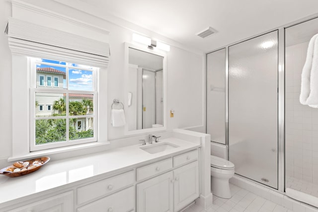 full bathroom featuring visible vents, toilet, a shower stall, vanity, and tile patterned floors