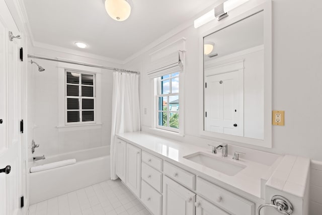 full bathroom featuring crown molding, shower / bath combo, vanity, and tile patterned floors