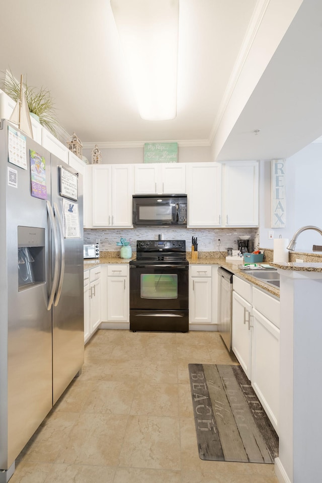 kitchen featuring white cabinetry, sink, light stone counters, and black appliances