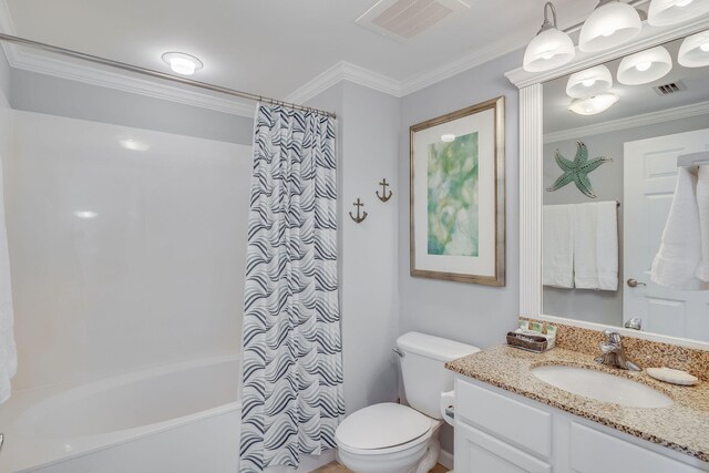 full bath with toilet, visible vents, crown molding, and vanity