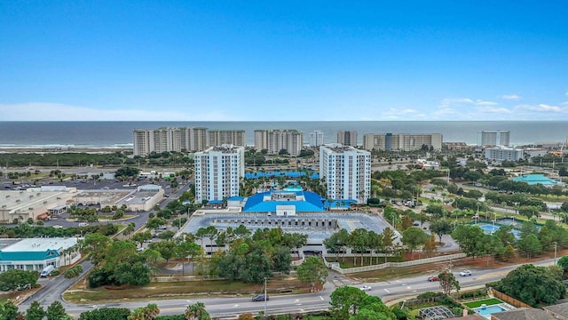 aerial view featuring a water view and a city view